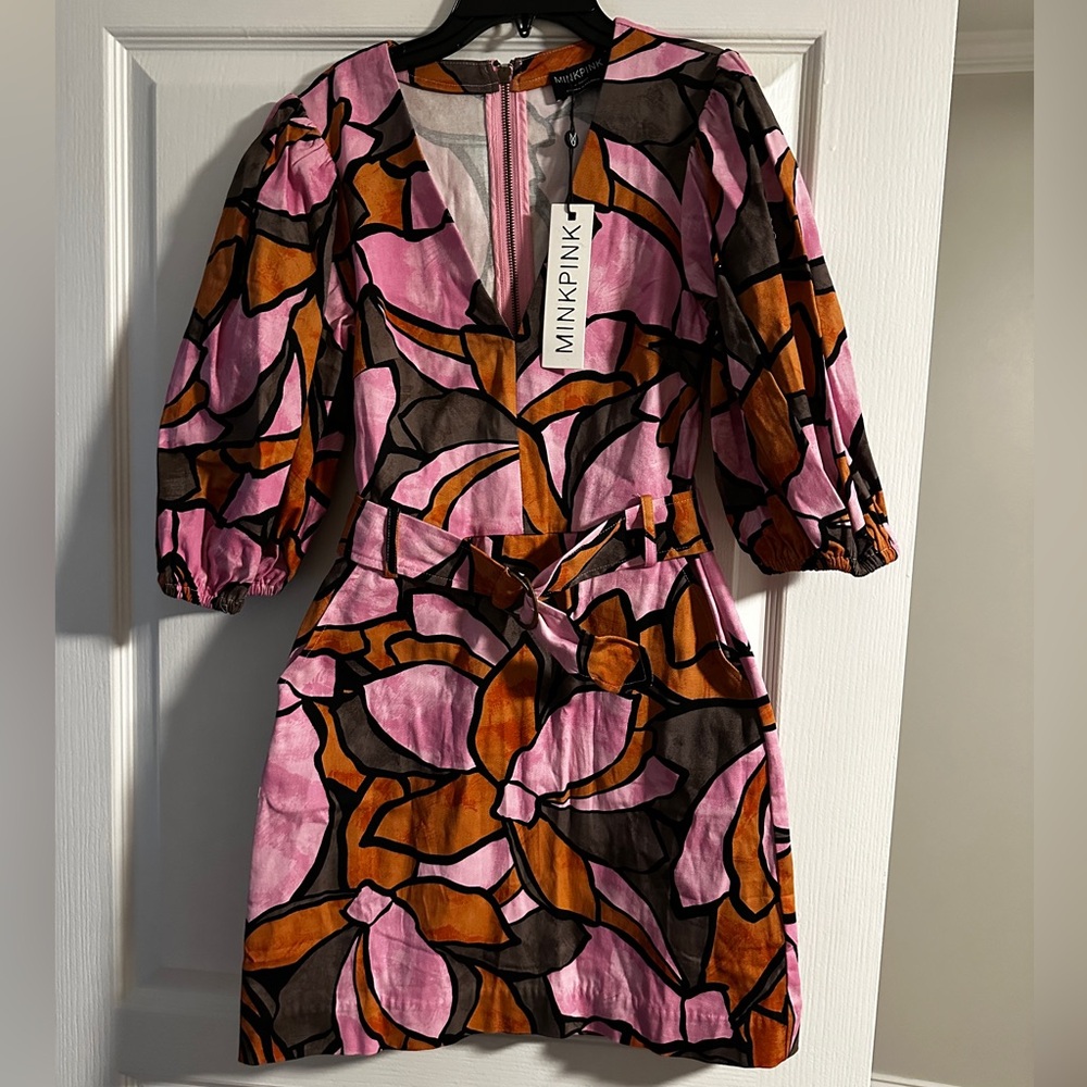 Minkpink Lorna Belted Minidress XS Puff Sleeve Abstract NWT